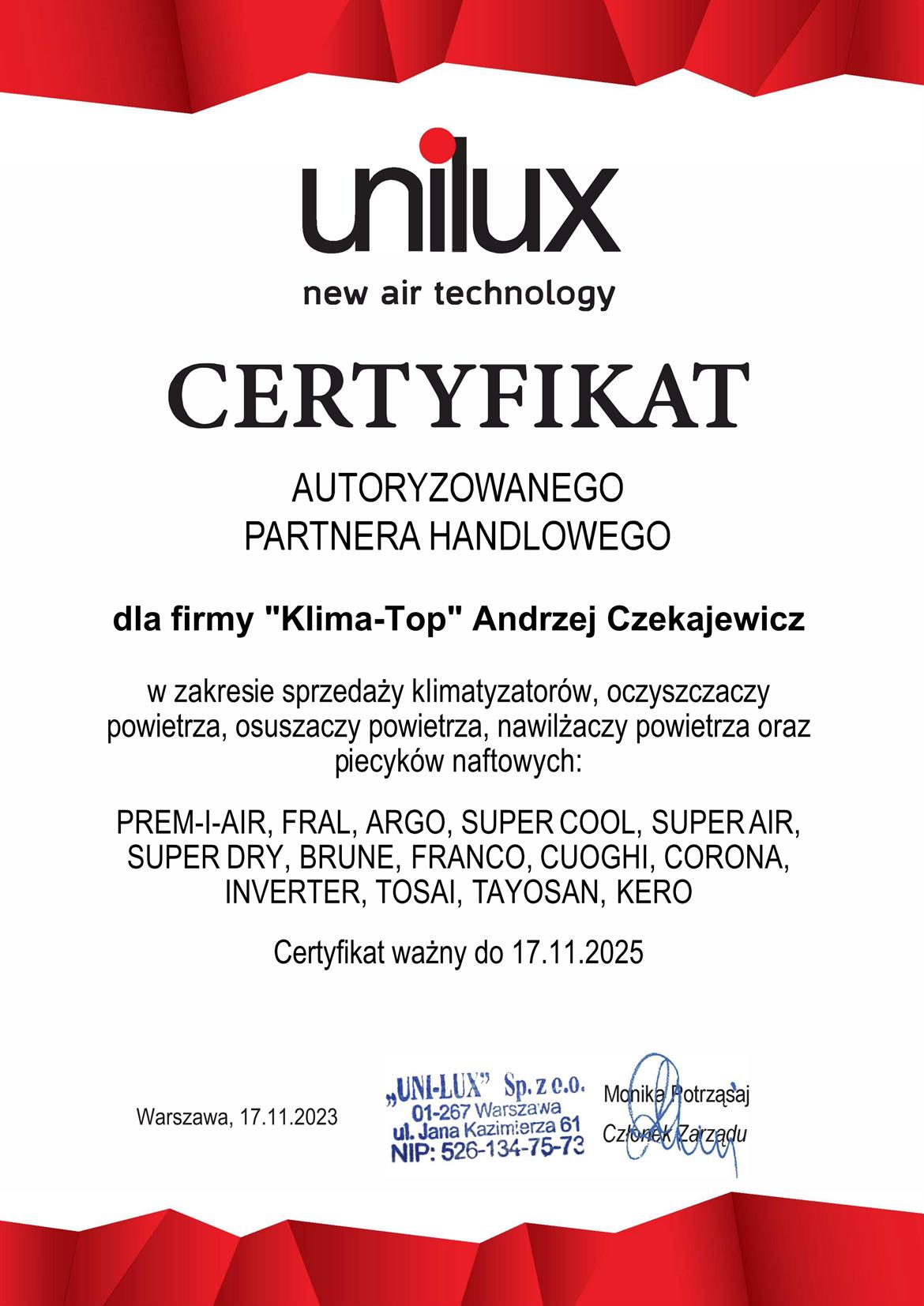 Certyfikat autoryzacyjny dla KLIMA-TOP