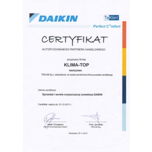 Certyfikat autoryzacji oczyszczaczy marki Daikin dla KLIMA-TOP 2010