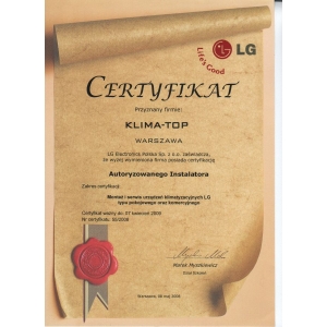Certyfikat autoryzacji marki LG dla KLIMA-TOP 2008