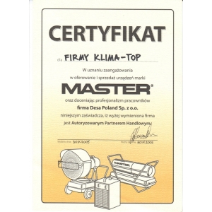 Certyfikat autoryzacji marki Master dla KLIMA-TOP 2005