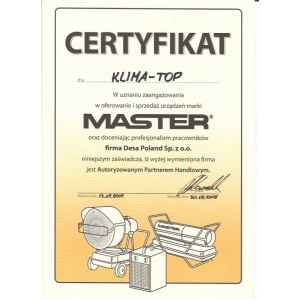 Certyfikat autoryzacji marki Master dla KLIMA-TOP 2008