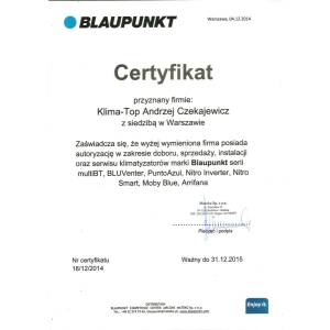 Certyfikat autoryzacji marki Blaupunkt dla KLIMA-TOP 2014