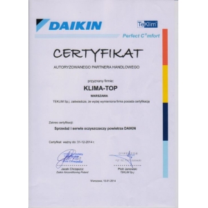 Certyfikat autoryzacji oczyszczaczy marki Daikin dla KLIMA-TOP 2014