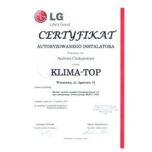 Certyfikat autoryzacji marki LG dla KLIMA-TOP 2014