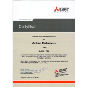 Certyfikat autoryzacji marki Mitsubishi dla KLIMA-TOP 2016