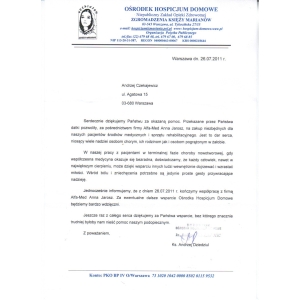 Podziękowanie Hospicjum Domowego dla KLIMA-TOP 2011