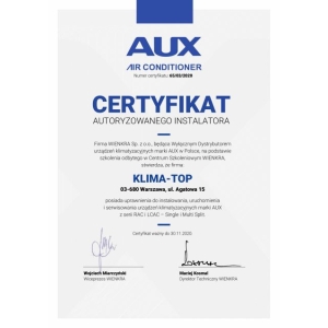 Certyfikat autoryzacji marki AUX dla KLIMA-TOP 2020
