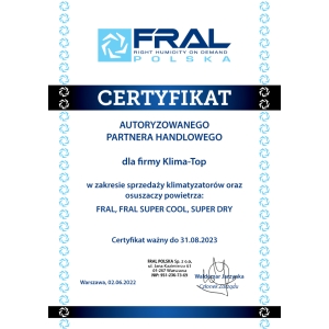 Certyfikat autoryzacji marek Fral i SuperDry dla KLIMA-TOP 2022