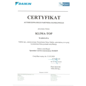 Certyfikat autoryzacji oczyszczaczy marki Daikin dla KLIMA-TOP 2019