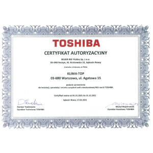 Certyfikat autoryzacji marki Toshiba dla KLIMA-TOP 2021
