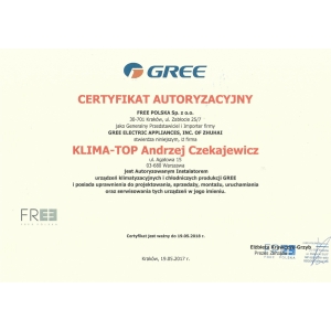 Certyfikat autoryzacji marki Gree dla KLIMA-TOP 2017