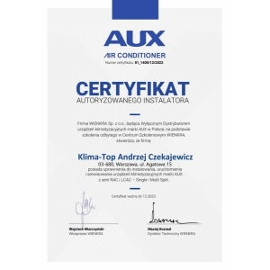 Certyfikat autoryzacji marki AUX dla KLIMA-TOP 2022