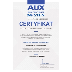 Certyfikat autoryzacyjny AUX - Andrzej Czekajewicz KlimaTop