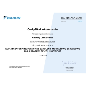 Certyfikat autoryzacji marki Daikin dla KLIMA-TOP 2025