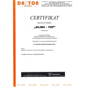 Certyfikat autoryzacji marki Westinghouse dla KLIMA-TOP 2023