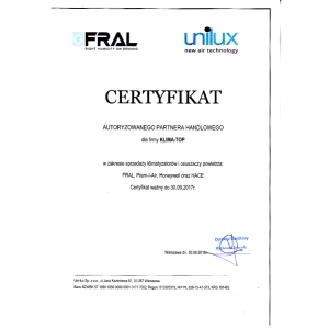 Certyfikat autoryzacji marki Fral dla KLIMA-TOP 2016