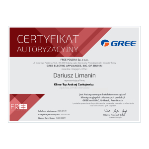 Certyfikat autoryzacyjny Gree - Dariusz Limanin KlimaTop