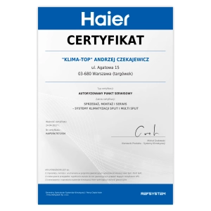 Certyfikat autoryzacyjny Haier 2026 - Andrzej Czekajewicz KlimaTop Certyfikat autoryzacyjny Haier 2026 - Andrzej Czekajewicz KlimaTop
