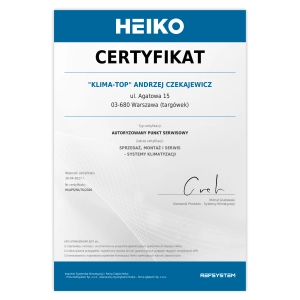 Certyfikat autoryzacyjny Heiko 2026 - KlimaTop Certyfikat autoryzacyjny Heiko 2026 - KlimaTop