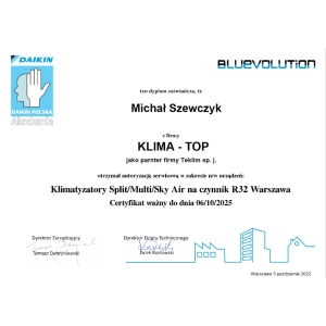 Certyfikat autoryzacji marki Master dla KLIMA-TOP 2022