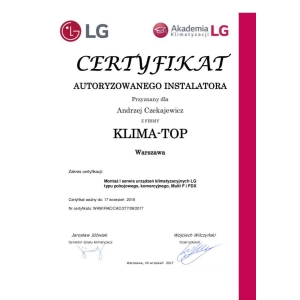 Certyfikat autoryzacji marki LG dla KLIMA-TOP 2017