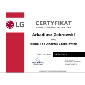 Certyfikat autoryzacji marki LG dla KLIMA-TOP 2023