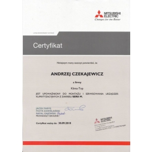 Certyfikat autoryzacji marki Mitsubishi dla KLIMA-TOP 2017