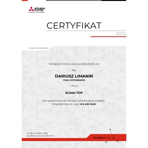 Certyfikat autoryzacyjny Mitsubishi - Dariusz Limanin KlimaTop