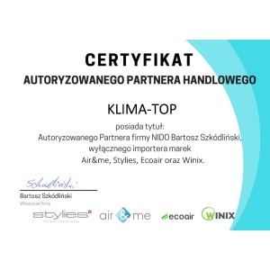 Certyfikat autoryzacji marek Winix, Stylies, Air&Me i Ecoair dla KLIMA-TOP 2023
