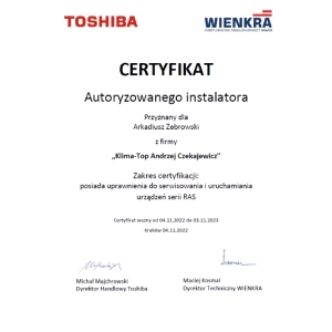 Certyfikat autoryzacji marki Toshiba dla KLIMA-TOP 2022