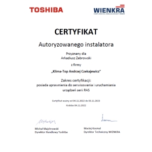 Certyfikat autoryzacji marki Toshiba dla KLIMA-TOP 2022