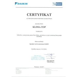 Certyfikat autoryzacji oczyszczaczy marki Daikin dla KLIMA-TOP 2017