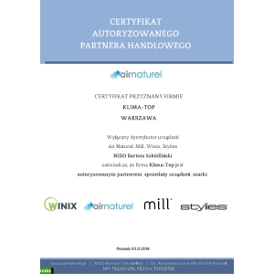 Certyfikat autoryzacji marek Winix, Airnaturel, Mill i Stylies dla KLIMA-TOP 2016