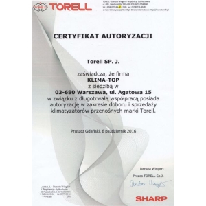 Certyfikat autoryzacji marki Torell dla KLIMA-TOP 2016