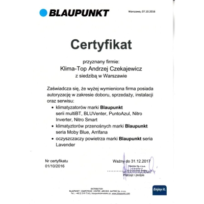 Certyfikat autoryzacji Blaupunkt dla KLIMA-TOP