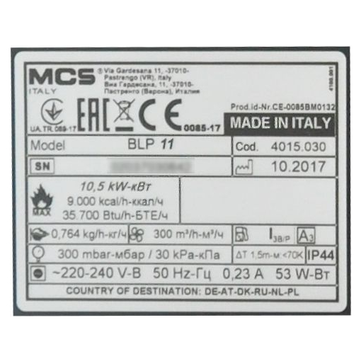 Nagrzewnica gazowa Master BLP11M - tabliczka znamionowa