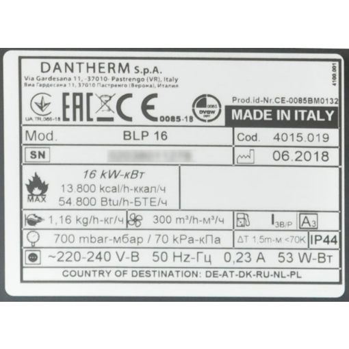 Nagrzewnica gazowa Master BLP16M - tabliczka znamionowa