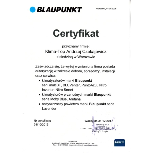 Certyfikat autoryzacji Blaupunkt dla KLIMA-TOP