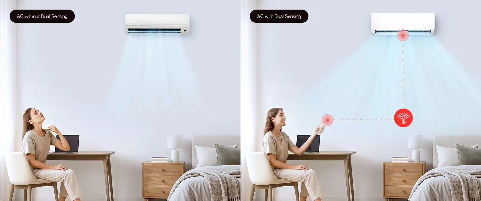 Technologia Dual Sensing w klimatyzatorze ściennym LG Dualcool WZ18AWN - schemat monitorowania temperatury powietrza