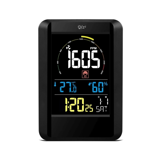 Miernik jakości powietrza Airbi CO2AIR - ekran przedstawiający złą jakość powietrza