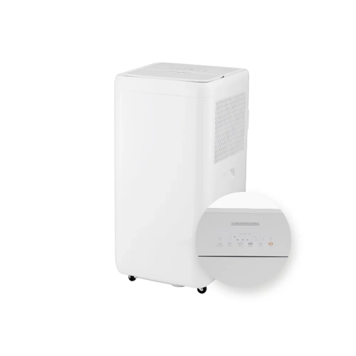 Klimatyzator przenośny Thermoval ZEFIR 12000 Wi-Fi - widok z prawej strony z zamkniętą klapką i widocznym panelem