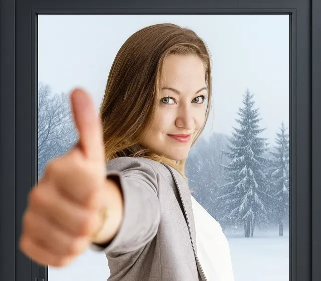 Kobieta z kciukiem uniesionym ku górze obok kurtyny powietrznej